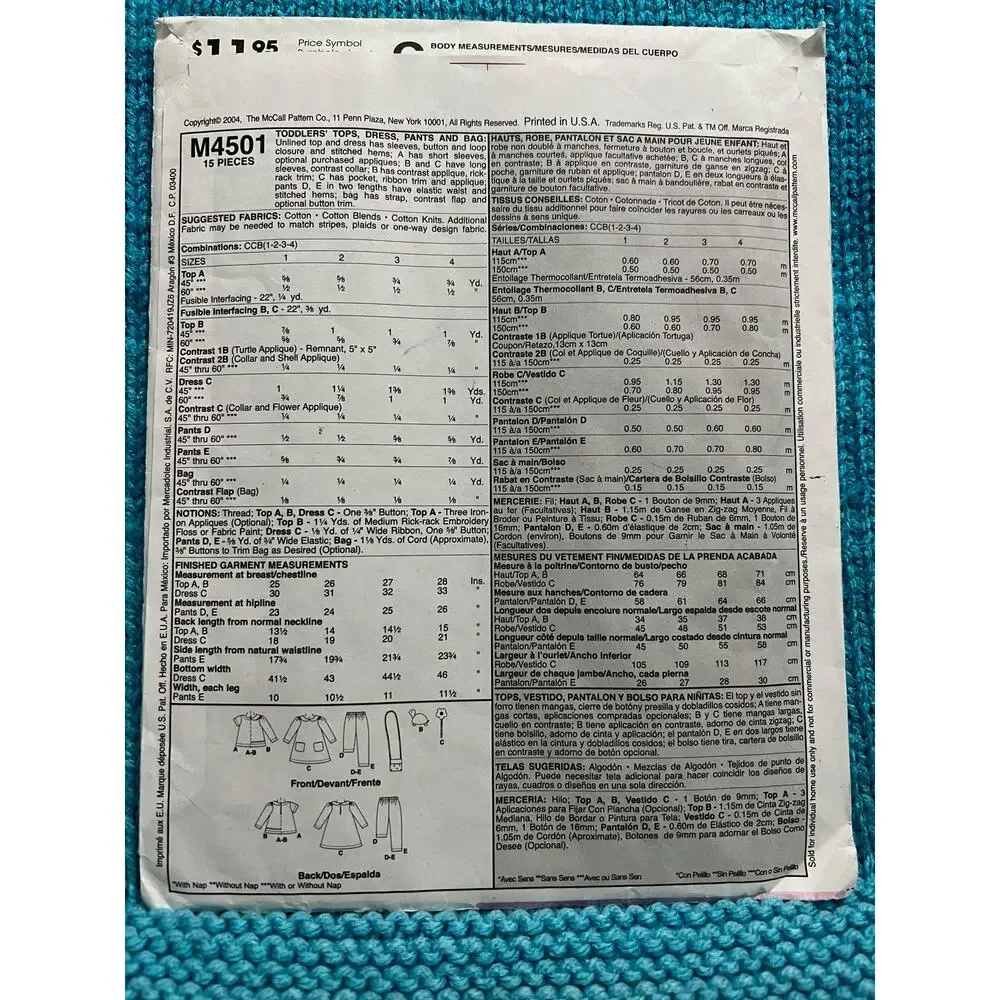 McCalls pattern 4501 toddler dress top pants bag size 1 2 3 4